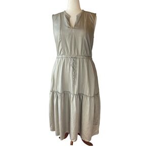 Lands End Khaki Dress Tan Sleeveless V-Neck Tiered Midi